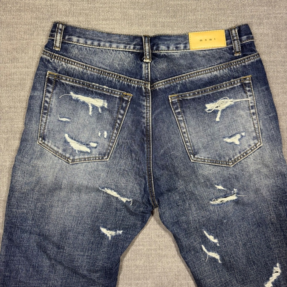 MNML Distressed Straight Leg Jeans Men's‎ 30x33 Medium Wash Button Fly Denim - Picture 9 of 10